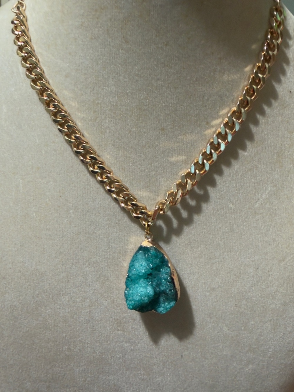 Gold plated Chain Necklace with Teal Druzy Pendant